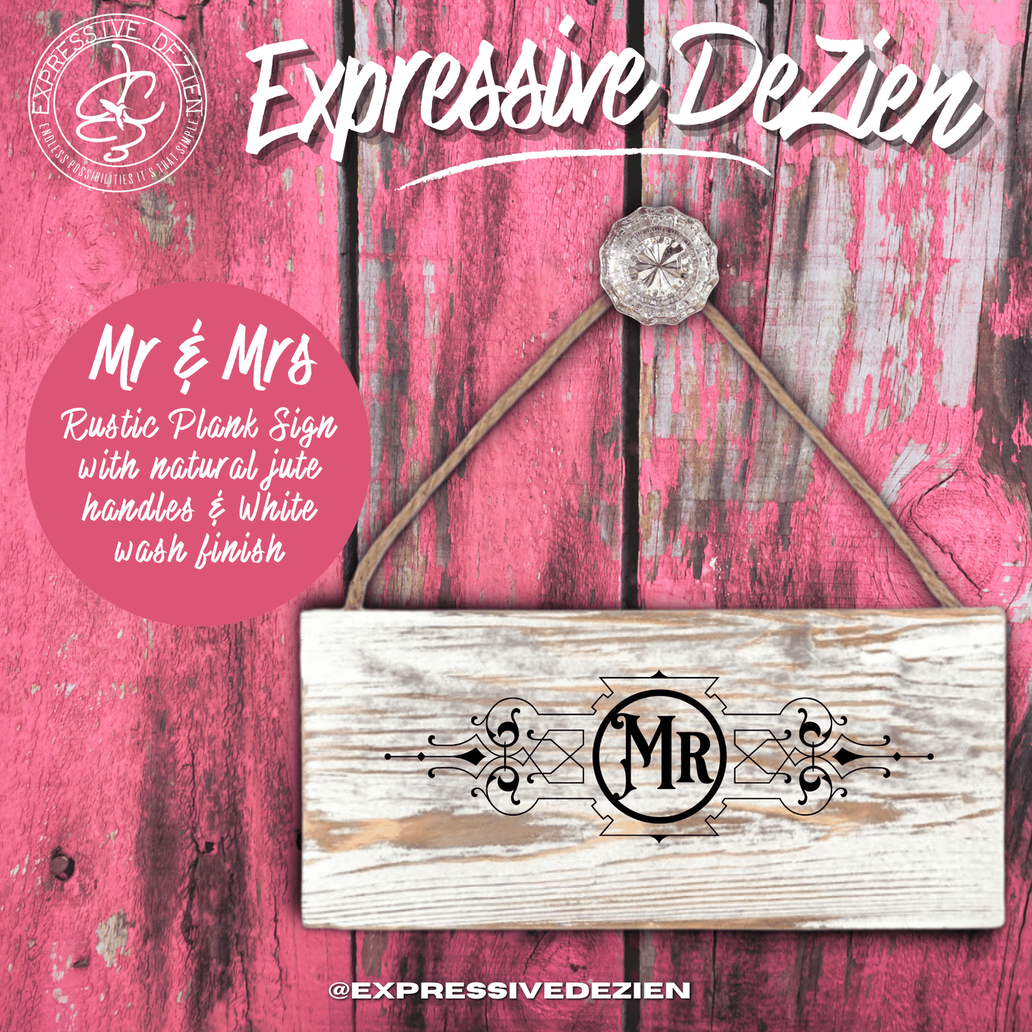 Rustic Mr & Mrs Whitewash Plank Sign with Antique Jute Handles - Expressive DeZien 