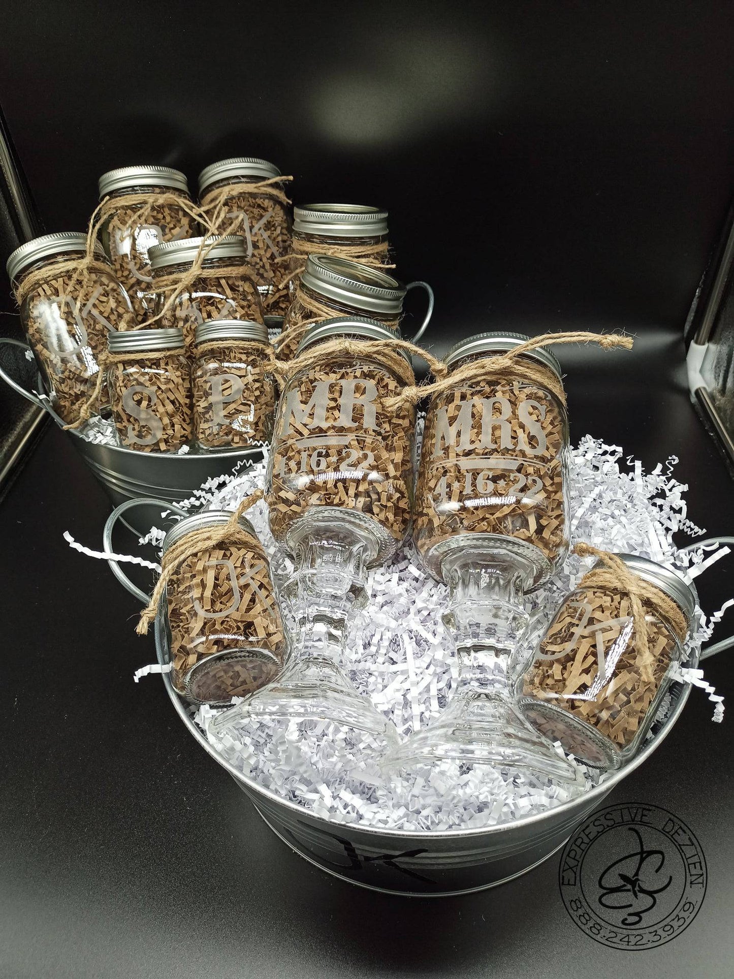 Rustic Rancher Wedding Set - Engraved Mason Jar Toasting and Wedding party Glasses with Salt & Pepper Shakers - Expressive DeZien 