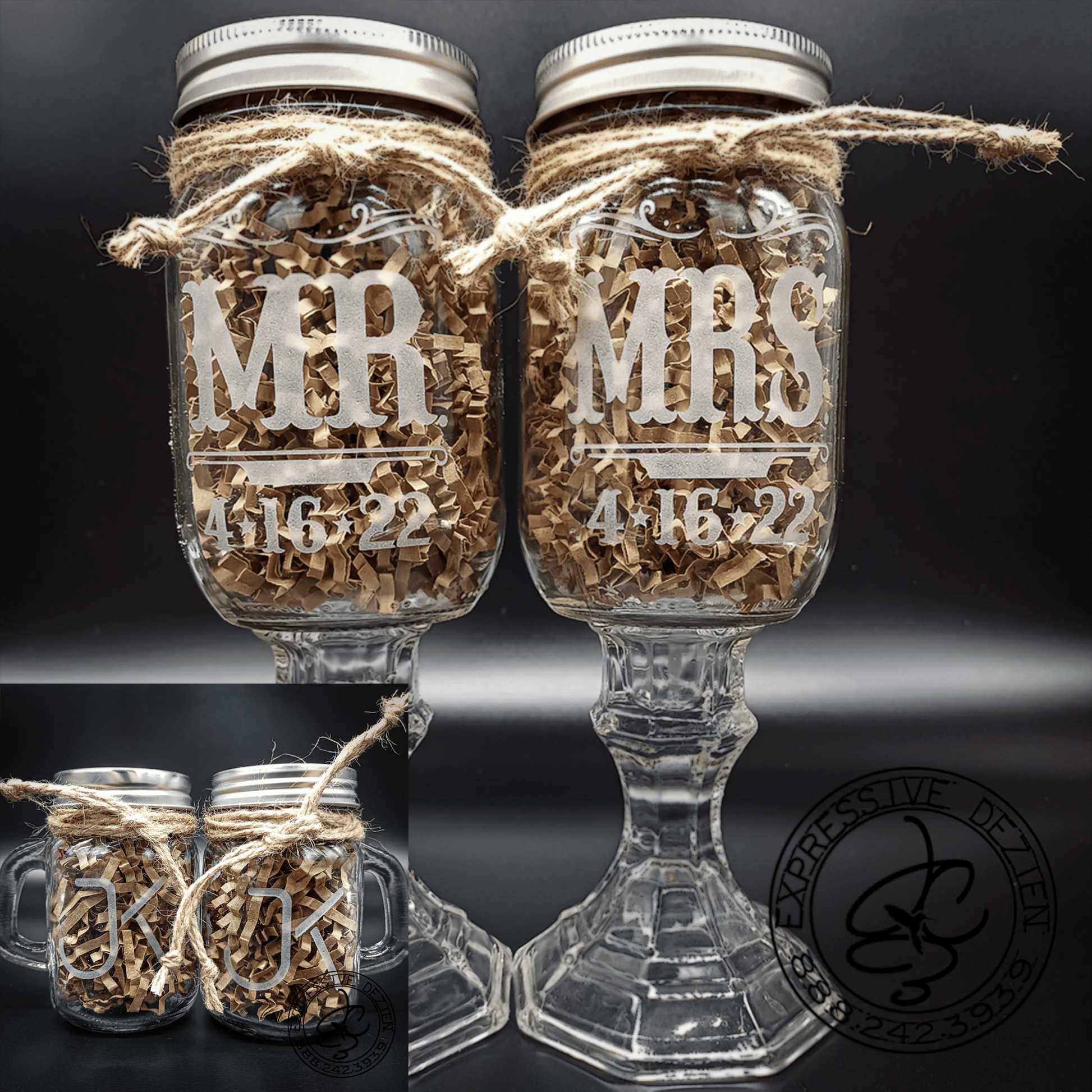 Rustic Rancher Wedding Set - Engraved Mason Jar Toasting and Wedding party Glasses with Salt & Pepper Shakers - Expressive DeZien 